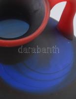 Antik kéküveg váza, vörösüveg fülekkel, anyagában színezett savmaratott üveg, jelzés nélkül, hibátla...