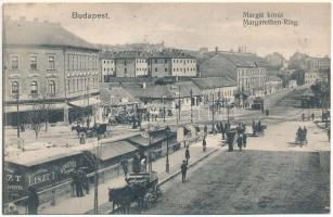 Budapest II. Margit körút, piacos bódék, Peti hengermalmi liszt és hüvelyes vetemények, villamos, Frank Károly üzlete