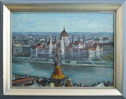 Olvashatatlan jelzéssel: Budapesti panoráma a Dunával és a Parlamenttel. Olaj, karton. 21,5x30 cm. Fakeretben.