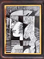 Hollóházi Szász Endre által tervezett mintával díszített porcelán falikép, bőr keretben 10x12 cm, 18...