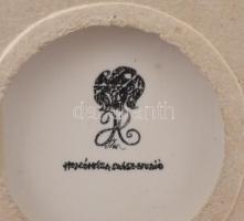 Hollóházi Szász Endre által tervezett mintával díszített porcelán falikép, bőr keretben 10x12 cm, 18...