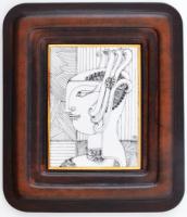 Hollóházi Szász Endre által tervezett mintával díszített porcelán falikép, bőr keretben 9x12 cm, 18x...