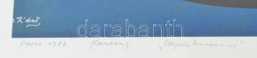 Joseph Kádár (1936-2019): Ellipszis kompozíció Conson, 1987. Kollázs, vegyes technika., jelzett, üve...