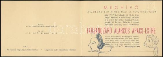 1947 Meghívó a Műegyetemi Atheletikai és Football Club farsangozó álarcos apacs-esetre, ceruzás rajz...