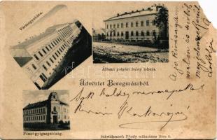 Beregszász, Beregovo, Berehove; Állami polgári leány iskola, vármegyeház, pénzügyigazgatóság. Schwidernoch Károly kiadása / girl school, county hall, financial directiorate (EB)