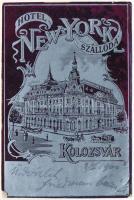 1900 Kolozsvár, Cluj; New York szálloda. Szecessziós fémes hatású fóliás képeslap / hotel. Art Nouveau metallic foil postcard (EB)