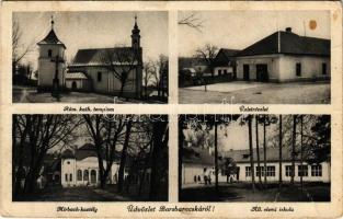 1944 Barsbaracska, Bardonovo; Római Katolikus templom, üzlet, vendéglő, Mirbach-kastély, Állami elemi iskola, Kozlov Sándor kiadása / church, shop, castle, school (Rb)