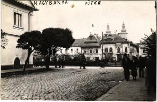 1940 Nagybánya, Baia Mare; Fő tér bevonuláskor, Patika / main square during the entry of the Hungarian troops, shops, pharmacy. photo + &quot;1940 Nagybánya visszatért&quot; So. Stpl