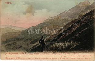 1917 Tátra, Magas-Tátra, Vysoké Tatry; Kopahágó, 1756 m. a völgy látképe a háttérben a réz tárnákkal, Havran és Muran (lengyel rablóvezérek) és a Greiner. Feitzinger Ede 1905. No. 922. L. / mountain view (EK)