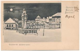 1902 Aranyosmarót, Zlaté Moravce; Erzsébet tér és Kálvária szobor télen este. Brunczlik Imre kiadása / square and monument in winter at night