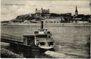 Pozsony, Pressburg, Bratislava; ingahajó a Dunán, vár / shuttle boat ont he Danube, castle