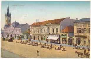 1913 Torda, Turda; Fő tér, piac, Sipos Gábor, Kovrig János, Botár Imre és Amirás Géza üzlete. W.L. Bp. 7010. 1911-14. / main square, shops, market