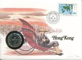 Hongkong 1982. 2D Cu-Ni felbélyegzett borítékban, bélyegzéssel, német nyelvű tájékoztatóval T:UNC Hong Kong 1982. Dollars Cu-Ni in envelope with stamp, cancellation and a prospectus in german C:UNC