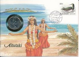 Cook-szigetek / Aitutaki 1992. 1$ Cu-Ni felbélyegzett borítékban, bélyegzéssel, német nyelvű tájékoztatóval T:UNC Cook Islands / Aitutaki 1992. 1 Dollar Cu-Ni in envelope with stamp, cancellation and a prospectus in german C:UNC