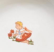 Zsolnay Jancsi és Juliska mintás 4 darabos gyermek étkészlet, jelzett, kis kopással, d: 15-21 cm