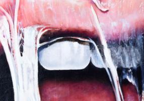 Nagy (Boglárka) Alíz (2001-): Chewing. Olaj, vászon. Jelezve balra lent és a hátoldalán. 58x58 cm. /...