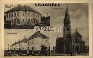 1938 Verebély, Vráble; Okresny úrad, Rodinné domy, Rim. kat. kostol / Járási hivatal, Római katolikus templom, házak / county hall, church, houses