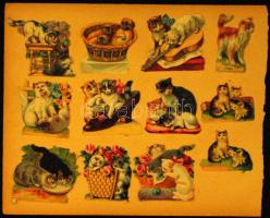 cca 1900 12 darab macska + 12 gyermek kivágható litho kép / 12 cats + 12 children cut-out litho pictures