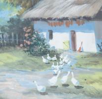 Jelzés nélkül: Libás udvar. Tempera, papír, 22,5x31 cm. Üvegezett, ovális, régi fakeretben