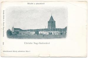 Nagyszalonta, Salonta; Piac tér, zsinagóga, Csonka torony. Fábián L. kiadása / market square, synagogue, tower (szakadások / tears)