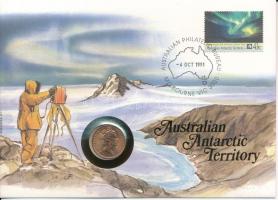 Ausztrál antarktiszi terület benne Ausztrália 1989. 2c felbélyegzett borítékban, bélyegzéssel, német nyelvű leírással T:UNC  Australian Antarctic Territory in it Australia 1989. 2 Cents in envelope with stamp and cancellation, with German description C:UNC