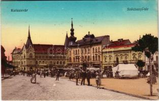 Kolozsvár, Cluj; Széchenyi tér, piac, gyógyszertár, Vlad János üzlete. Weiszfeiler Sándor kiadása / market, square, shops, pharmacy