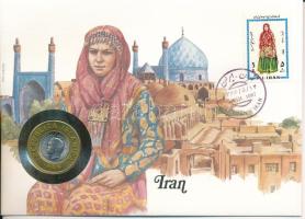 Irán 1972. 1R Cu-Ni "Mohammad Reza" réz "Republica Islamica Iran" gyűrűbe foglalva felbélyegzett borítékban, bélyegzéssel, német nyelvű tájékoztatóval T:UNC Iran 1972. 1 Rial Cu-Ni "Mohammad Reza" in a "Republica Islamica Iran" brass ring in envelope with stamp, cancellation and a prospectus in german C:UNC