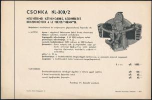 cca 1940 Csonka NL-300/2 négyütemű, kéthengeres benzinmotor prospektus + NL-300/2 motort ábrázoló fotó, 14x8,5 cm