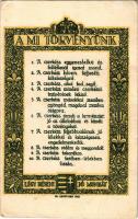 1925 A Mi Törvényünk. Légy résen, Jó munkát! 1922. Az M. kir. állami térképészeti intézet nyomása. Kiadja a Magyar Cserkész Szövetség hivatalos lapja a "Magyar Cserkész" / Our Law. Hungarian boy scout art postcard s: Ifj. Gerritsen (gyűrődések / creases)