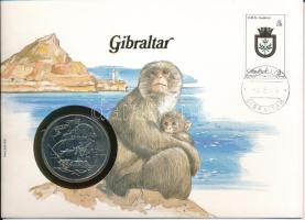 Gibraltár 1980. 1C Cu-Ni "Horatio Nelson halálának 175. évfordulója" forgalomba nem került emlékkiadás felbélyegzett borítékban, bélyegzéssel, német nyelvű leírással T:AU  Gibraltar 1980. 1 Crown Cu-Ni "175th Anniversary of the death of Lord Horatio Nelson" non-circulating commemorative coin in envelope with stamp, cancellation, and a description in german C:AU Krause KM#12