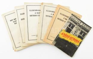 Ellenforradalmi erők a magyar októberi eseményeken I-IV. + Nagy Imre és bűntársai ellenforradalmi összeesküvése. Bp.,én.,Magyar Népköztársaság Minisztertanácsa Tájékoztatási Hivatala. Fekete-fehér fotókkal illusztrált. Kiadói papírkötések, kissé foltos borítókkal, néhány bejelöléssel, az utolsó kötet borítója szakadt. + Havasi Tamás - Herczeg János - Kerek György: A rádió ostroma. 1956. okt. 23. Bp., 1957, Kossuth. Kiadói papírkötés.