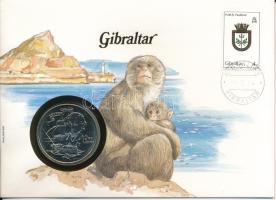 Gibraltár 1980. 1C Cu-Ni "Horatio Nelson halálának 175. évfordulója" forgalomba nem került emlékkiadás felbélyegzett borítékban, bélyegzéssel, német nyelvű leírással T:AU Gibraltar 1980. 1 Crown Cu-Ni "175th Anniversary of the death of Lord Horatio Nelson" non-circulating commemorative coin in envelope with stamp, cancellation, and a description in german C:AU Krause KM#12