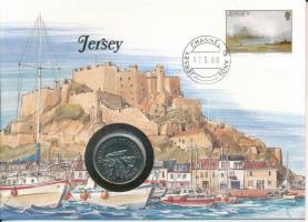 Jersey 1988. 10p Cu-Ni felbélyegzett borítékban, bélyegzéssel, német nyelvű leírással T:UNC  Jersey 1988. 10 Pence Cu-Ni in envelope with stamp, with German description C:UNC