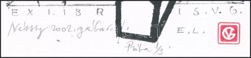Véssey Gábor (1948-): Ex libris V.G., 2002. Litográfia, papír, jelzett, próbanyomat 1/3 számozással,...