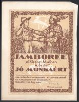 1933 Márton Lajos által tervezett cserkész elismerő oklevél a gödöllői Jamboree előkészítésében kifejtett munkáért, gróf Teleki Pál (1879-1941) táborparancsnok, miniszterelnök nyomtatott aláírásával, pecséttel, törésnyomokkal, sérült, 30,5x23,5 cm