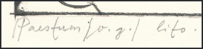 Véssey Gábor (1948-): Paestum, 2000. Litográfia, papír, jelzett, próbanyomat 2/3 számozással, 18×19 ...