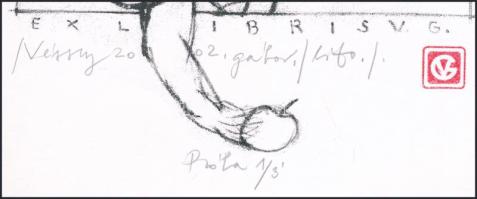 Véssey Gábor (1948-): Ex libris V.G., 2002. Litográfia, papír, jelzett, próbanyomat 1/3 számozással,...