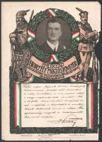 1919 Haranghy Jenő (1894-1951): Emléklap Horthy Miklós (1868-1957) kormányzó Budapestre való bevonulása alkalmából, 1919. nov. 16., rajta nyomtatott sorokkal. Bp., Hornyánszky Viktor-ny., sérült, a szélén hiánnyal, szakadt, bélyegzéssel, 31x22 cm.