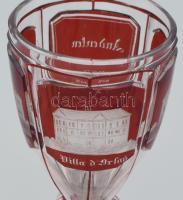 Emlékpohár. Legyezőszerű talpon tojásdad pohártest. Bíborpácolt kartusokban csiszolt épületképekkel ...
