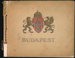 Budapest. Budapest Székesfőváros Közönsége a német, az osztrák, a magyar méhészek 55. vándorgyűlése tagjainak 1910. augusztus hó 19-24. Bp., 1910, Hornyánszky Viktor, 1 p.+25 (kétoldalas fekete-fehér képtáblák, négy nyelvű: magyar, német angol, francia feliratokkal) t. Kiadói piros-sárga-kék zsinórral fűzött haránt-alakú papírkötés, sérült, kissé hiányos, foltos, borítóval.