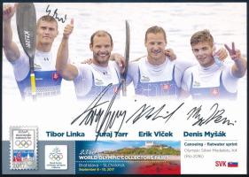 Tibor Linka, Juraj Tarr, Erik Vlcek, Denis Mysák szlovák olimpikon kenusok autográf aláírása képeslapon / Autograph signatures of Slovakian Olympians