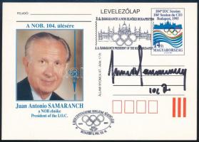 1995 Juan Antonio Samaranch (1920-2010) a Nemzetközi Olimpiai Bizottság 7. elnökének aláírása levelezőlapon