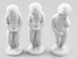 3 darab porcelán pisilő puttó figura, jelzett, hibátlan, m: 11 cm
