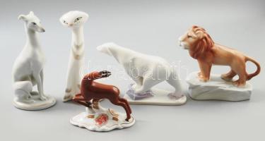5 darab retro porcelán állatfigura, jelzett, kis kopással, m: 17 cm alatt