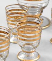 Régi aranycsíkozott italos készlet, talpas dugós üveggel, hibátlan, m: 35 cm, poharak m: 7 cm