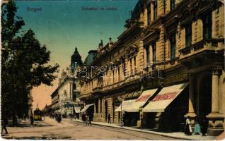 1912 Szeged, Széchenyi tér, Lányi János cukrászata, Weber Mátyás üzlete, gyógyszertár, villamos (fa)