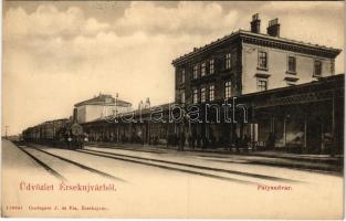 1906 Érsekújvár, Nové Zámky; pályaudvar, vasútállomás, gőzmozdony. Conlegner J. és fia kiadása / railway station, locomotive