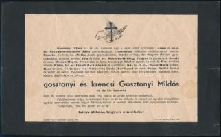 1944 Váchartyán, gosztonyi és krencsi Gosztonyi Miklós cs. és kir. kamarás halotti értesítője