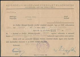 1944 Kolozsvár, az Erdélyi Múzeum-Egyesület Elnöksége által kiállított tagsági értesítő