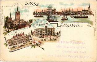 1898 (Vorläufer) Rostock, Kröpelinerthor, Hotel Fürst Blücher, Rathhaus / gate tower, hotel, town hall. Art Nouveau, floral, litho (EK)